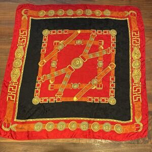 Versace Red Black Gold Belt Silk Scarf 34"x34" Made In Italy